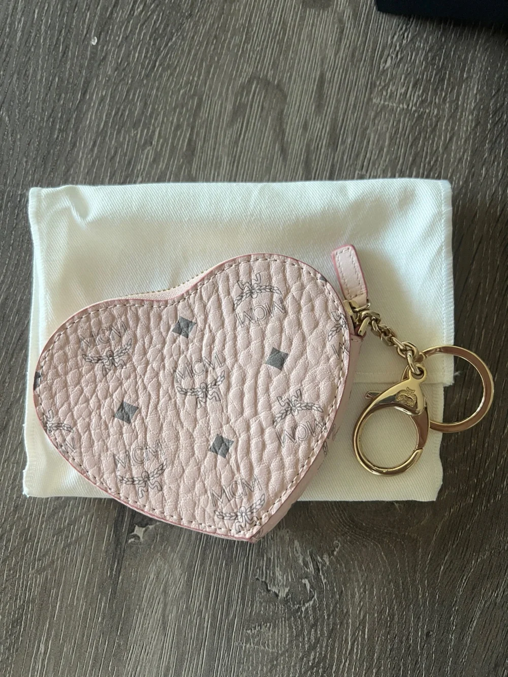MCM Pink Heart Key & Card Holder with Gold Hardware